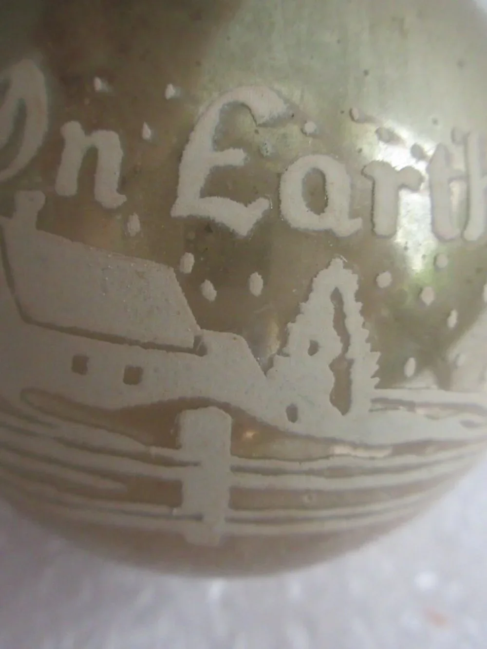 3 Shiny Brite Peace on Earth Stencil Gold Glass Christmas Ball Ornaments Vintage